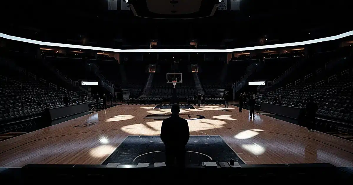 Empty basketball arena at night with silhouetted figure standing courtside as crowd departs
