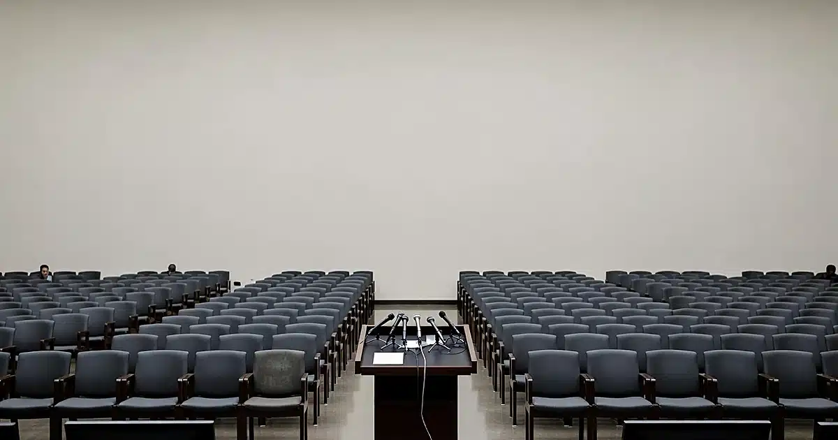 Empty State Department briefing room with podium and microphones, rows of vacant chairs