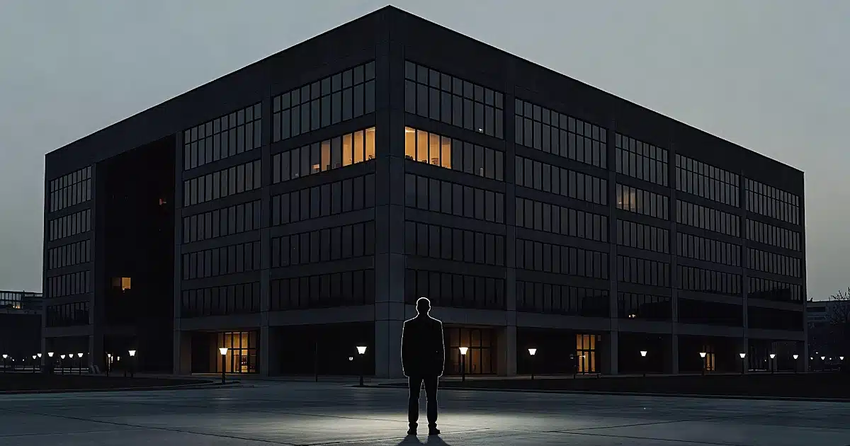 Silhouetted figure faces illuminated corporate building at dusk in tense standoff composition