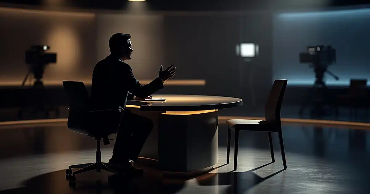 Silhouetted figure at talk show desk gesturing toward empty chair in dramatically lit television studio