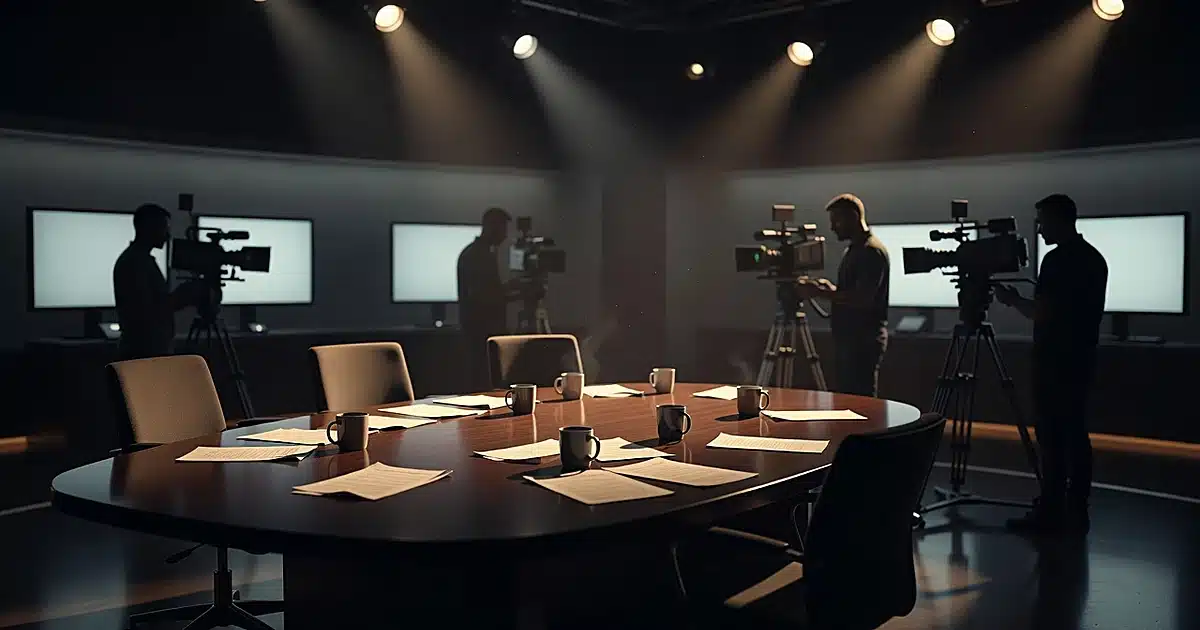 Empty television studio talk show set with cameras and lighting equipment surrounding curved desk