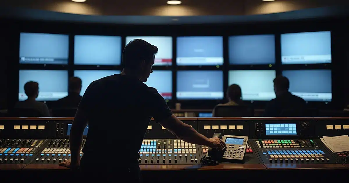 Silhouetted figure reaching for phone in television studio control room with glowing monitors