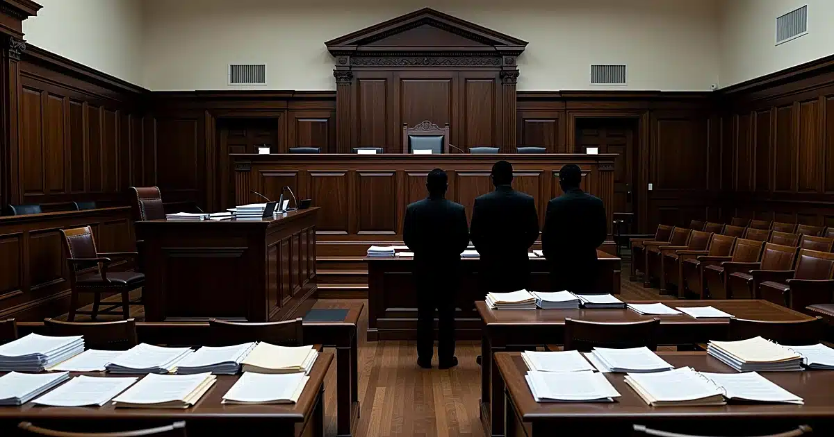 Interior of federal courtroom with judicial bench, counsel tables with documents, and silhouetted attorneys