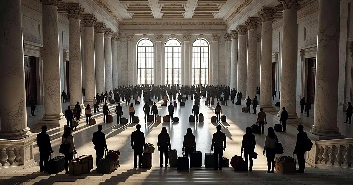 Silhouetted figures with luggage stand in a grand government building interior with columns and dramatic lighting