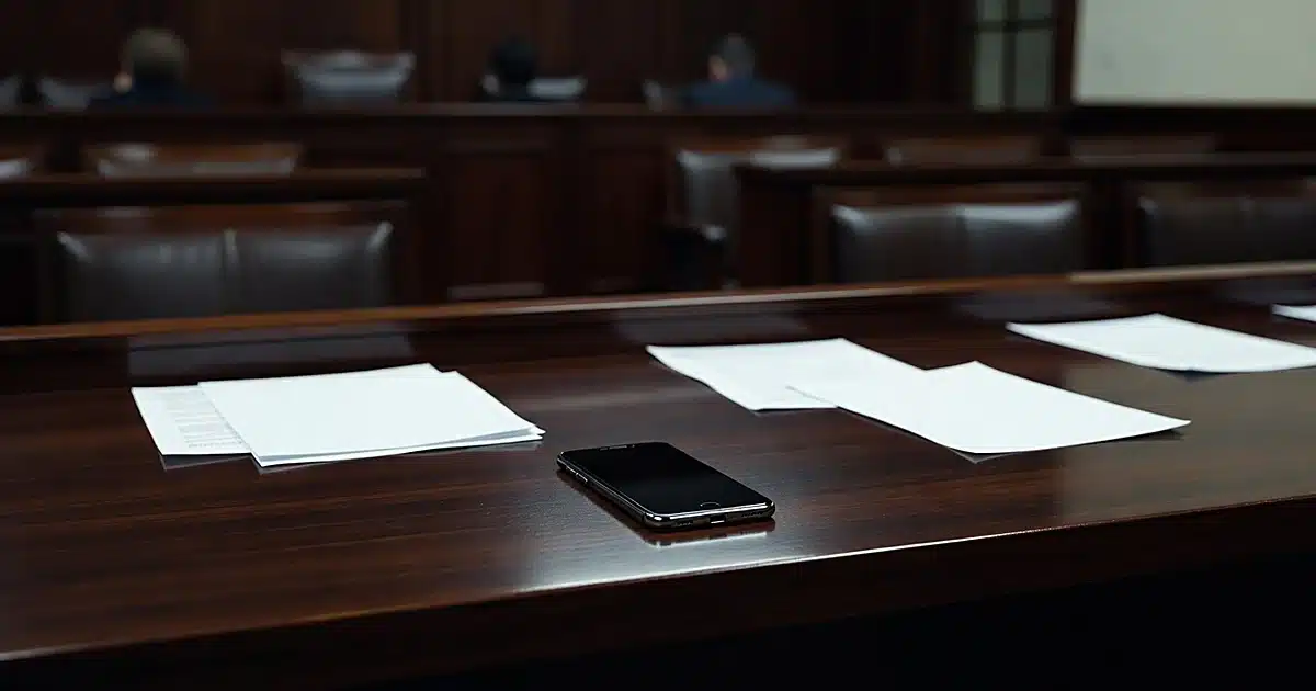 Smartphone resting on empty judicial bench with scattered legal documents in courtroom setting