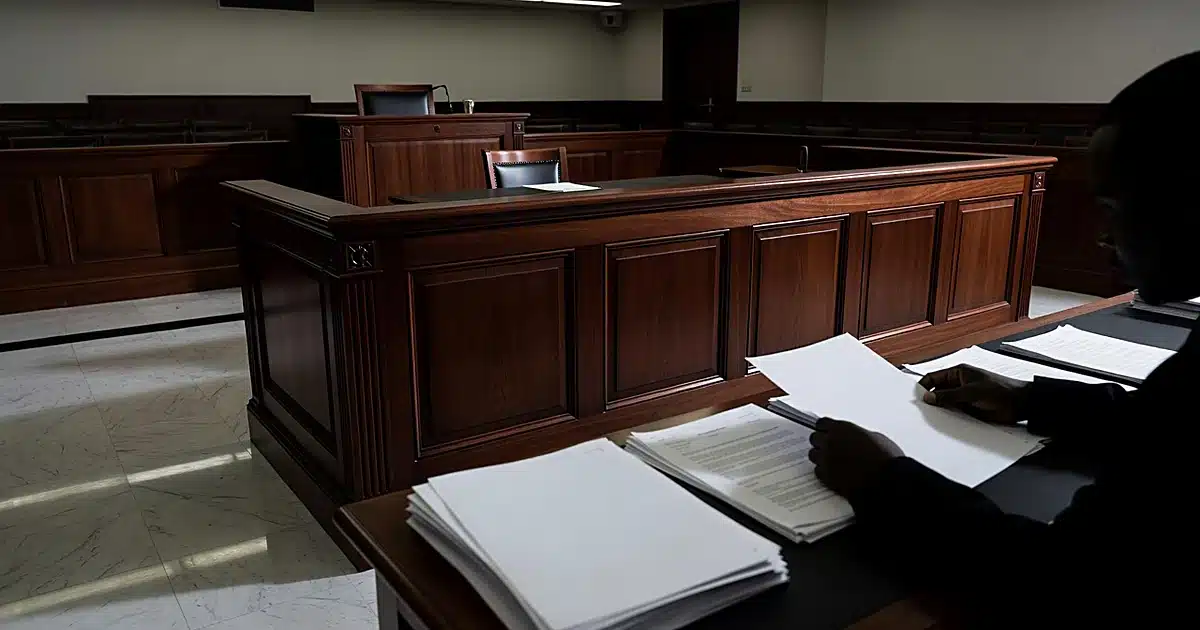 Interior of federal courtroom with judicial bench, witness stand, and silhouetted figure arranging legal documents