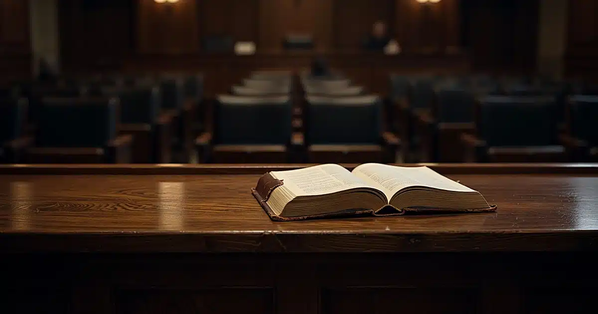 Empty courtroom bench with legal document in warm overhead lighting, gallery seats blurred in background