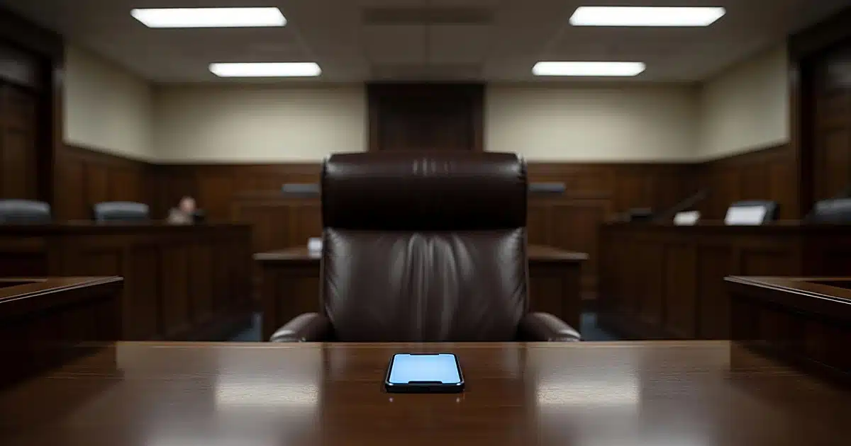Empty judge's bench in courthouse chamber with illuminated smartphone on wooden surface