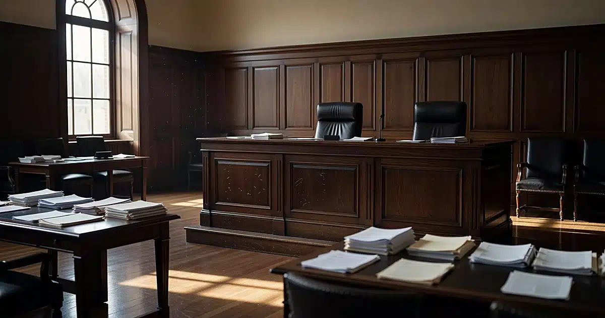 Empty federal courtroom with judicial bench and legal documents scattered on tables in afternoon light
