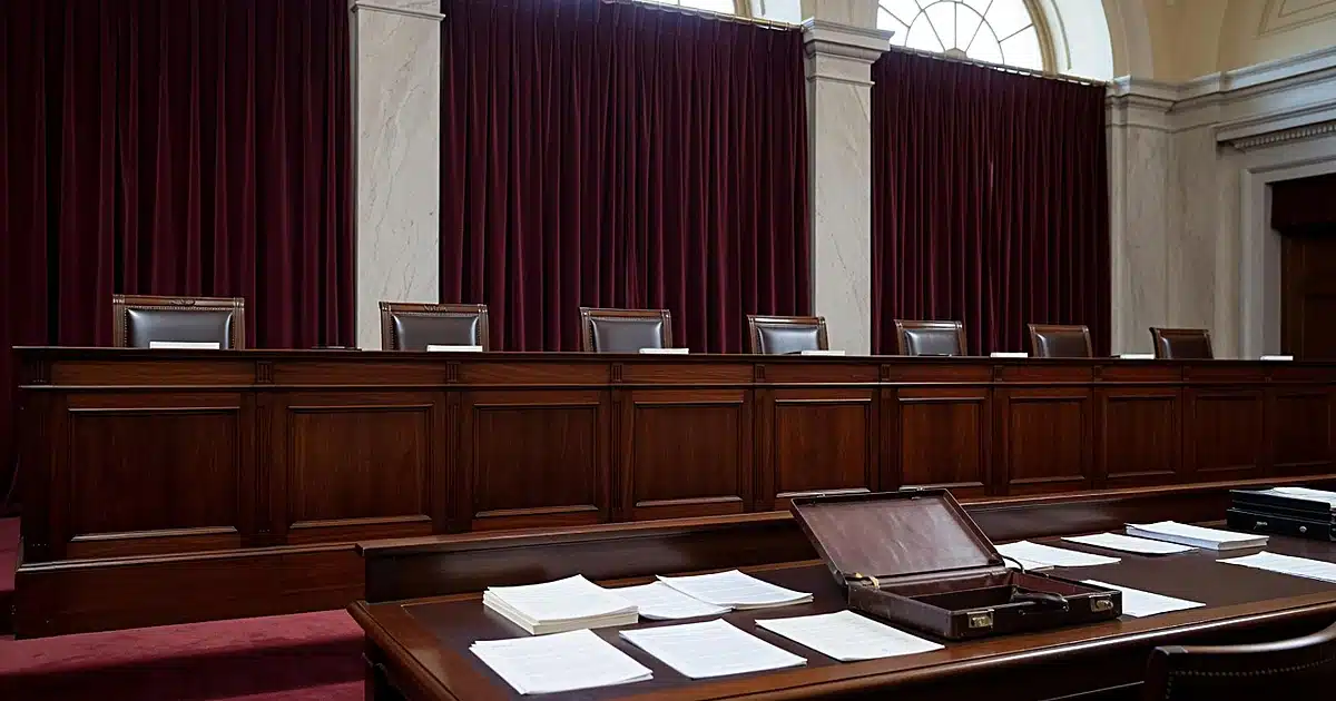 Empty Supreme Court bench with legal documents on counsel table in natural window light