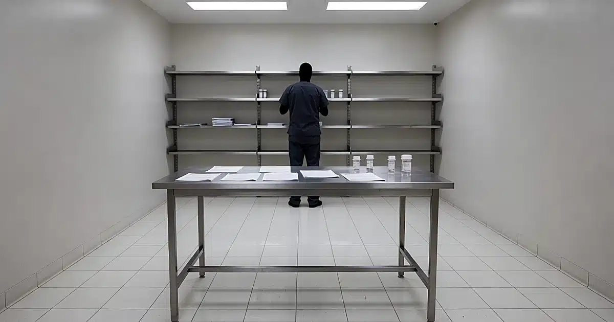 Prison medical examination room with medical table, blank forms, and silhouetted medical staff member organizing supplies