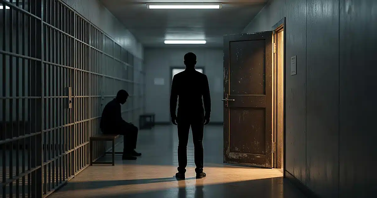 Detention facility corridor with cells and doorway showing contrast between confinement and potential freedom