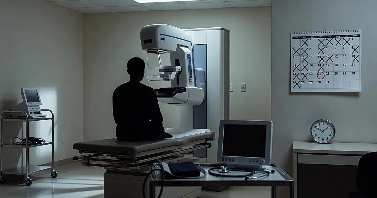 Silhouetted patient in medical room with mammography equipment and calendar showing crossed-off months