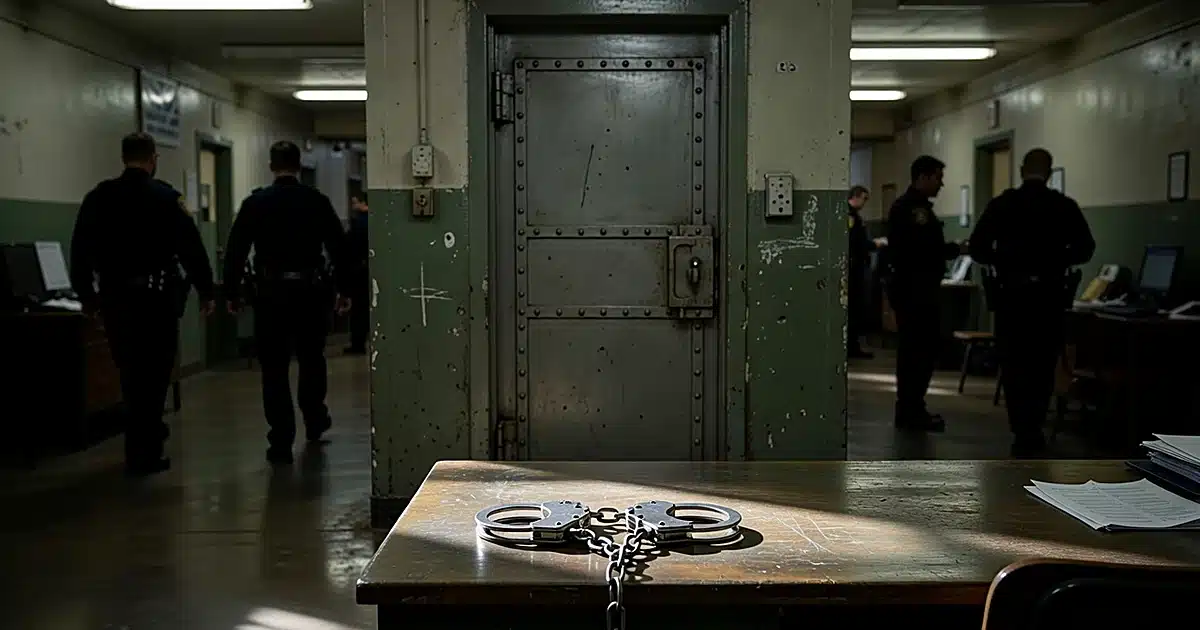 Police station booking area with shackles on desk and holding cell door in background