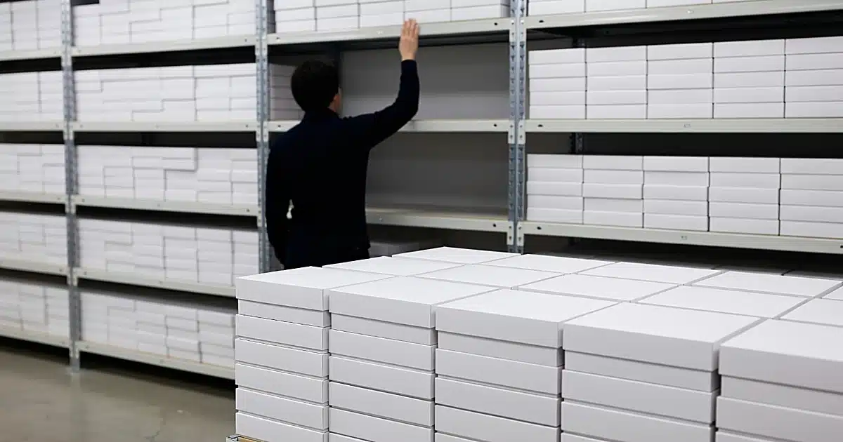 Stockroom with white lingerie boxes on shelves, silhouetted worker reaching toward empty section