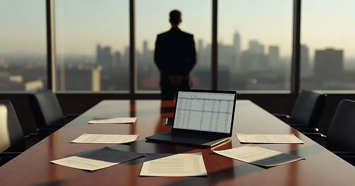 Boardroom table with financial documents and laptop, silhouetted figure at window overlooking city