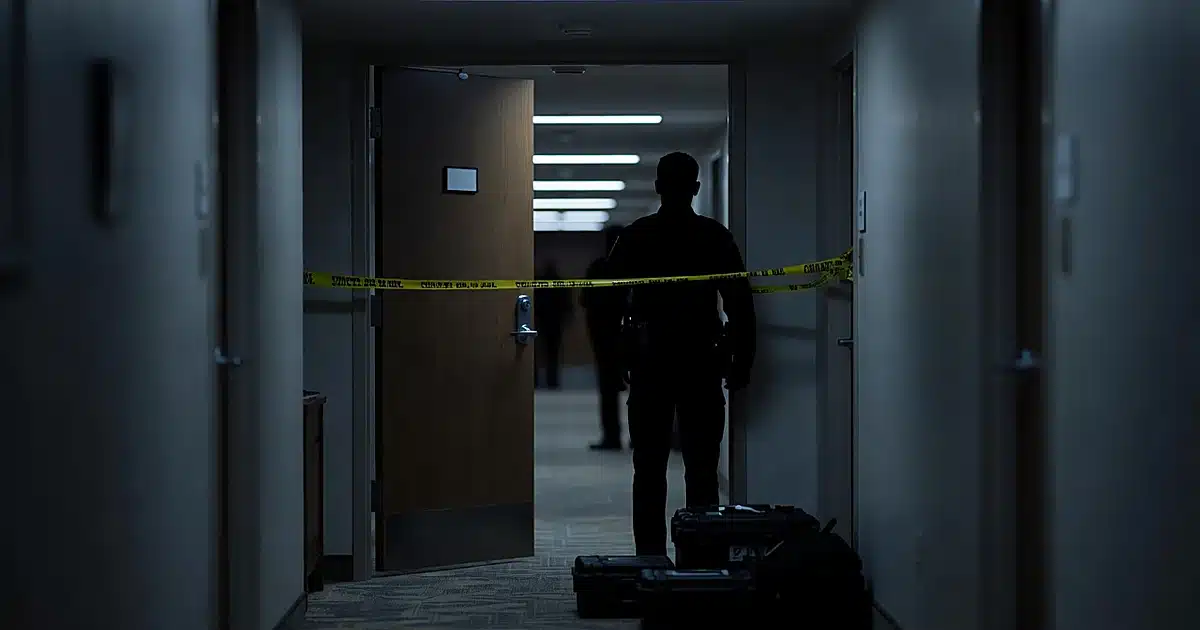 Police silhouette outside hotel room door with crime scene tape in dimly lit corridor