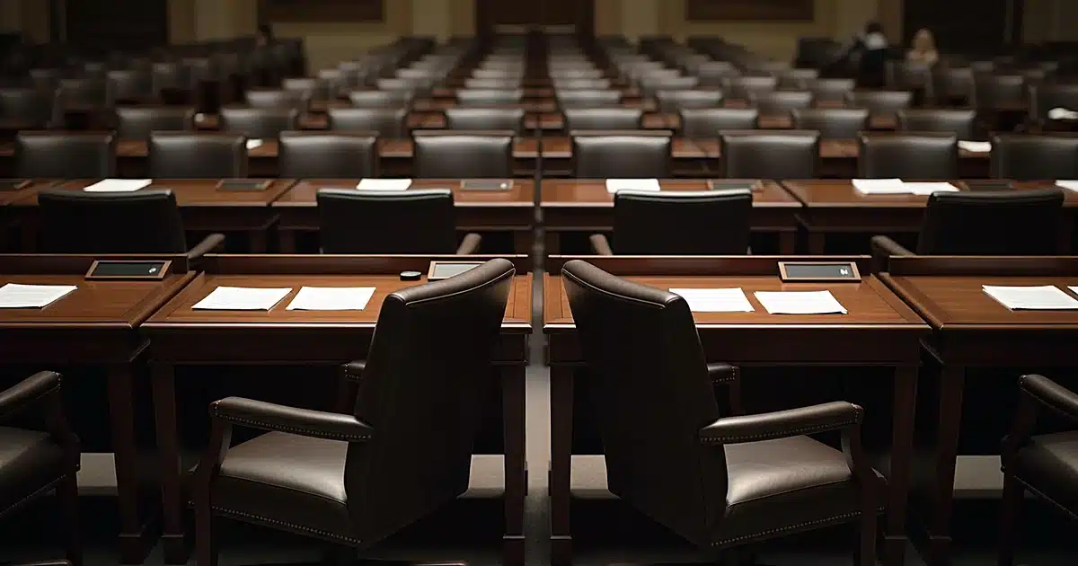 Two empty Senate chairs angled away from each other with papers scattered on desks in legislative chamber