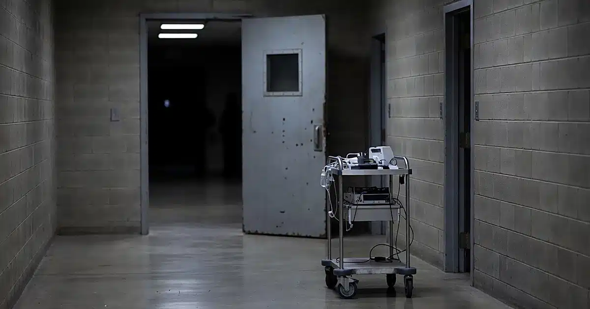 Prison corridor with open steel door and abandoned medical equipment under fluorescent lighting