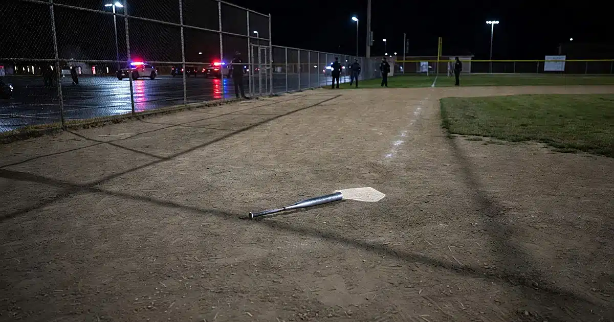 Empty softball field at night with emergency lights flashing in distant parking lot beyond outfield fence