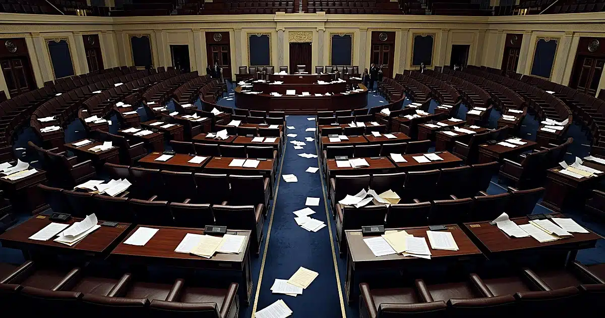 Interior of Senate chamber with empty desks and scattered papers suggesting active legislative session