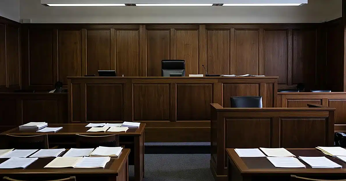 Empty Manhattan courtroom with judge's bench, witness stand, and legal documents on tables in harsh lighting