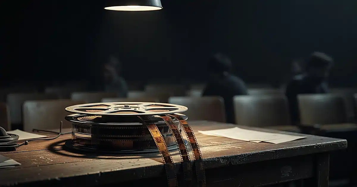 Film reel on editing table with hanging film strips in dimly lit screening room