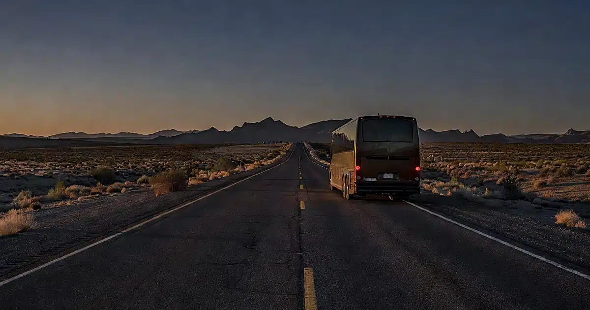 Tour bus traveling on remote highway at dusk with mountains in distance