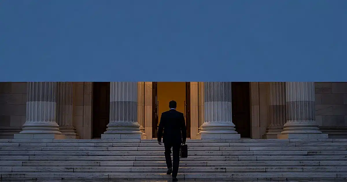 Silhouetted figure ascending steps of illuminated embassy building at dusk