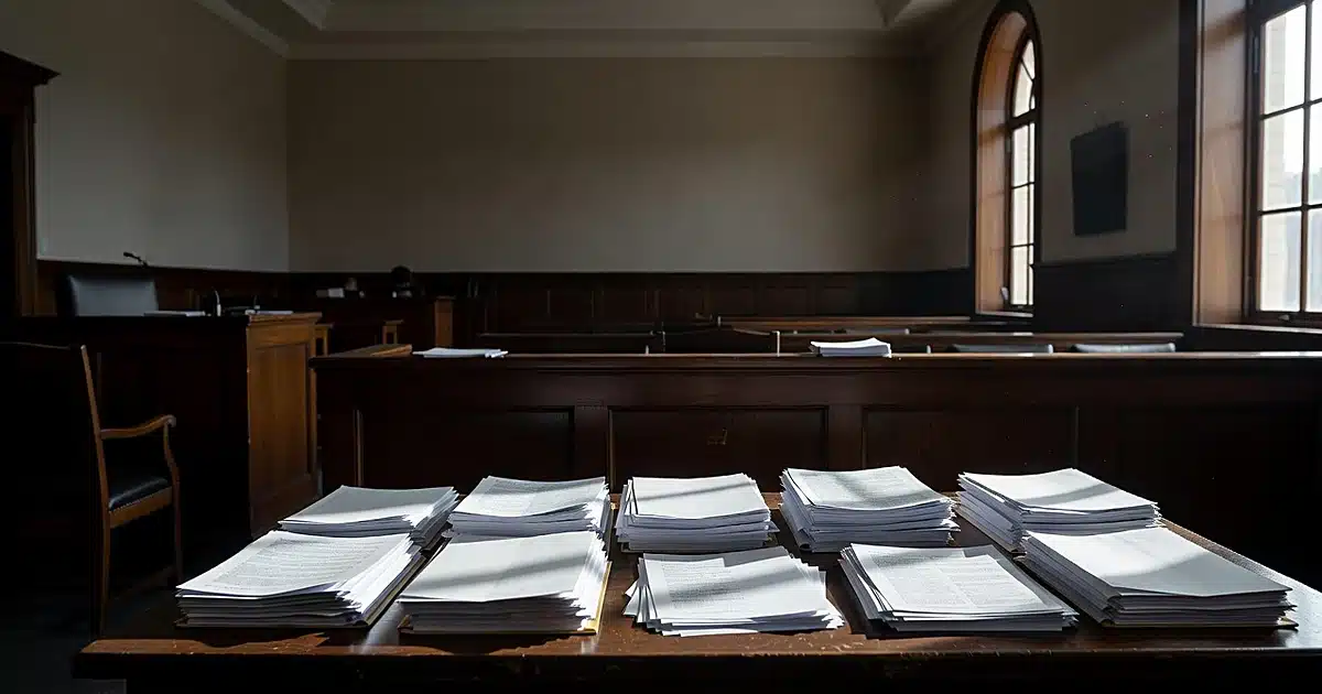 Empty federal courtroom with scattered legal documents on table and judge's bench in background