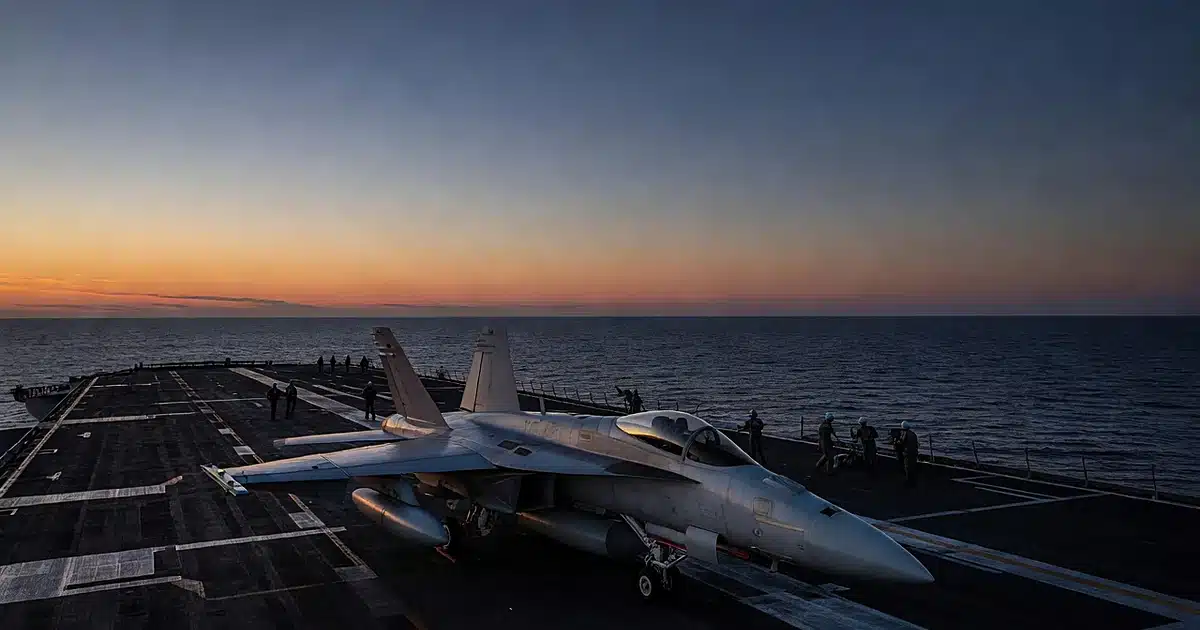 Fighter jet on aircraft carrier deck at dusk with silhouetted crew members and open ocean horizon
