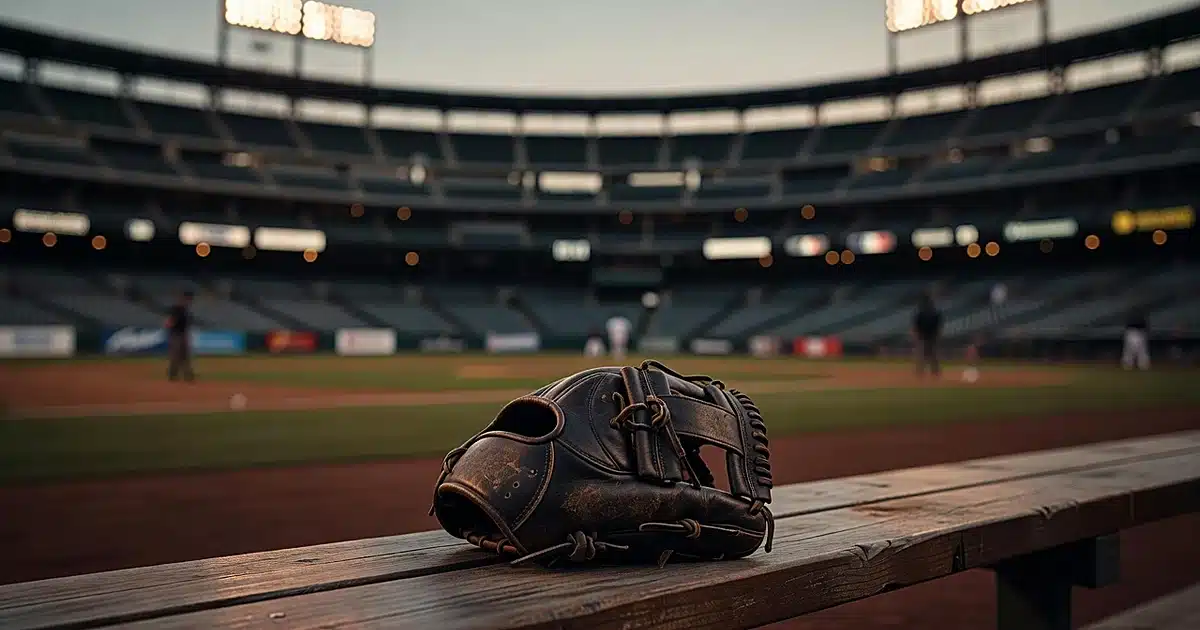 Worn baseball glove on dugout bench in empty stadium at dusk with stadium lights glowing in background