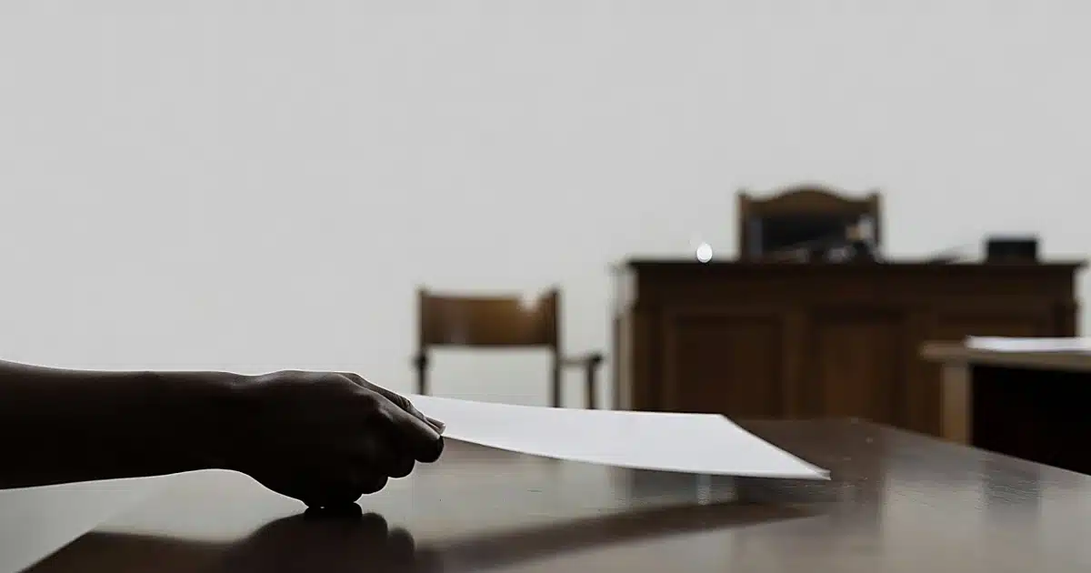 Silhouetted hand sliding document across courtroom table with witness stand visible in background
