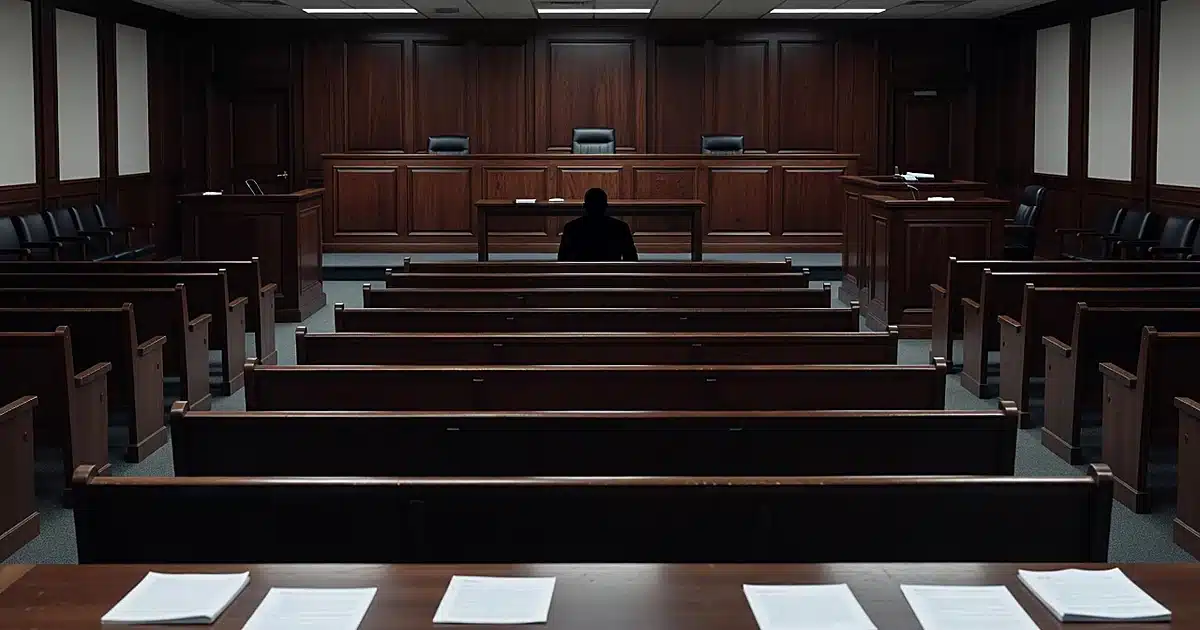 Empty federal courtroom with lone silhouetted figure seated in gallery, legal documents on table in foreground
