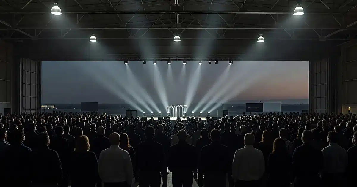 Silhouetted crowd inside airport hangar facing illuminated stage platform with microphones at political rally