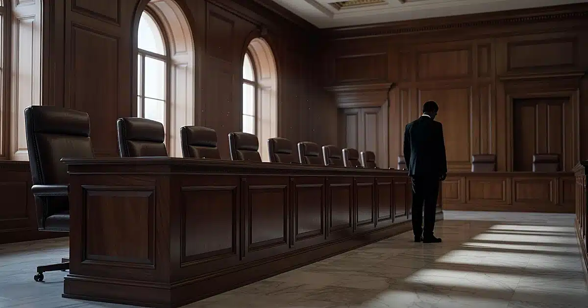 Empty Supreme Court chamber with dark silhouetted figure standing near judicial bench in natural window light