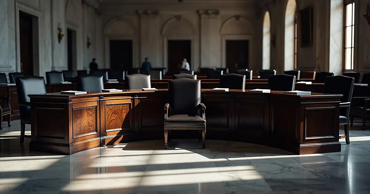 Empty Supreme Court judicial bench with nine chairs in dramatic afternoon lighting