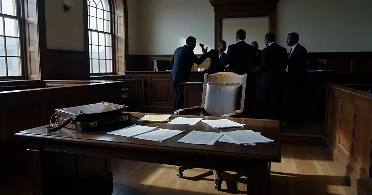 Empty prosecutor's table in New York courtroom with silhouetted attorneys in background discussion