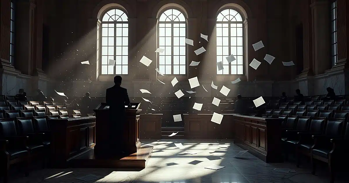 Silhouetted figure at podium in legislative chamber with blank documents floating in dramatic light