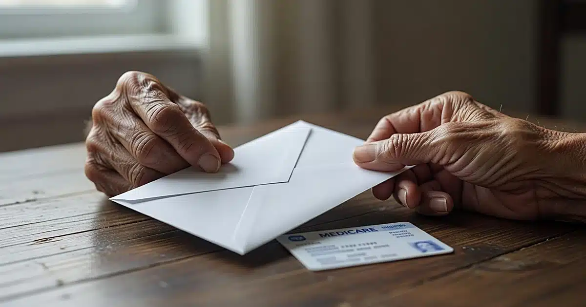 Elderly hands holding white envelope next to Medicare card on wooden table