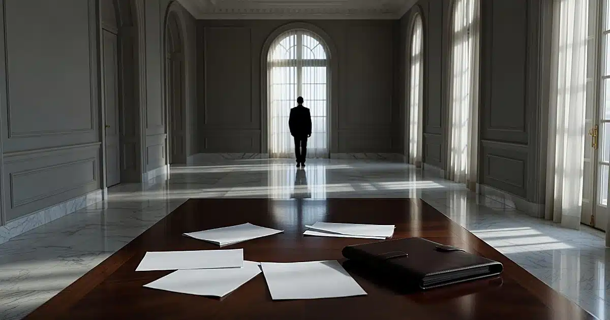 Empty embassy reception room with silhouetted figure at window and scattered documents on table in afternoon light
