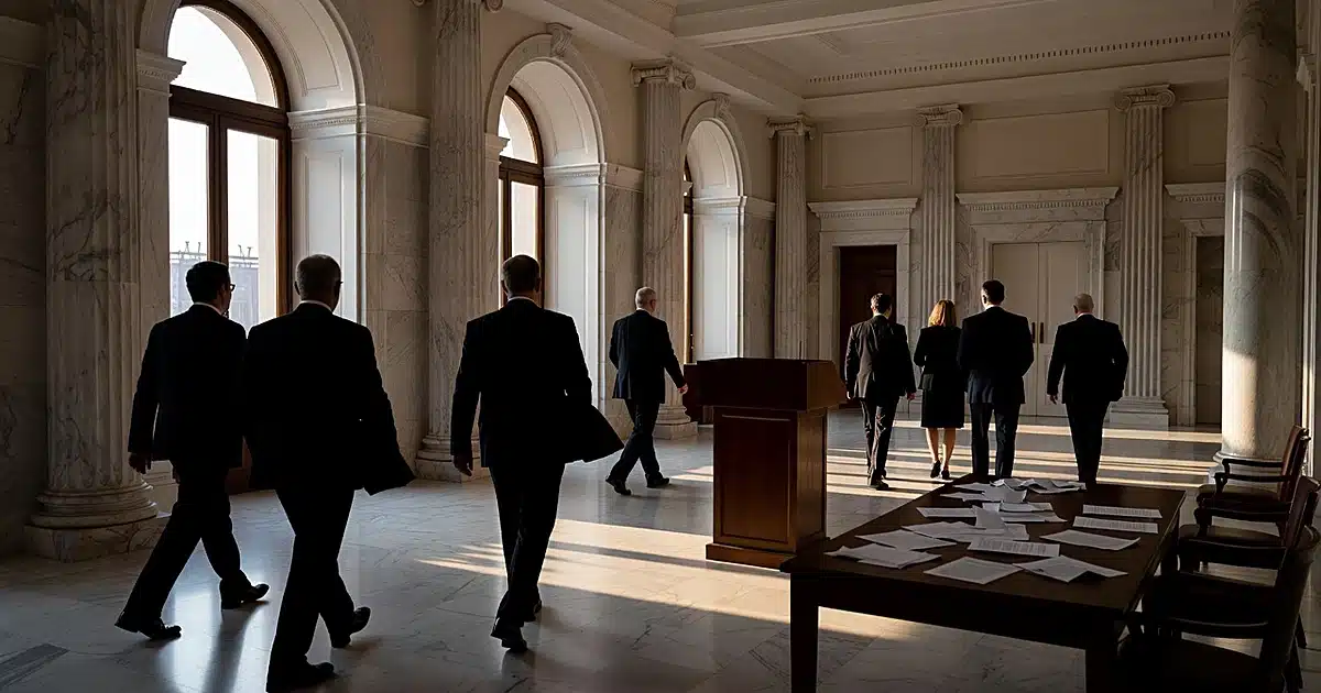 Silhouettes of diplomatic staff in a grand embassy reception hall with columns and marble floors