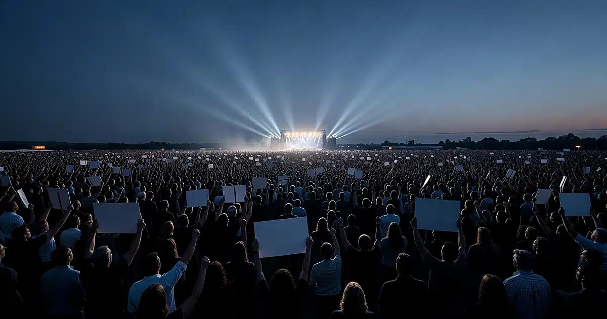 Massive political rally crowd silhouetted at dusk with stage lights glowing in distance