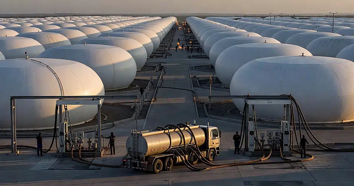 Industrial diesel storage facility with large white tanks and tanker truck at loading bay during golden hour