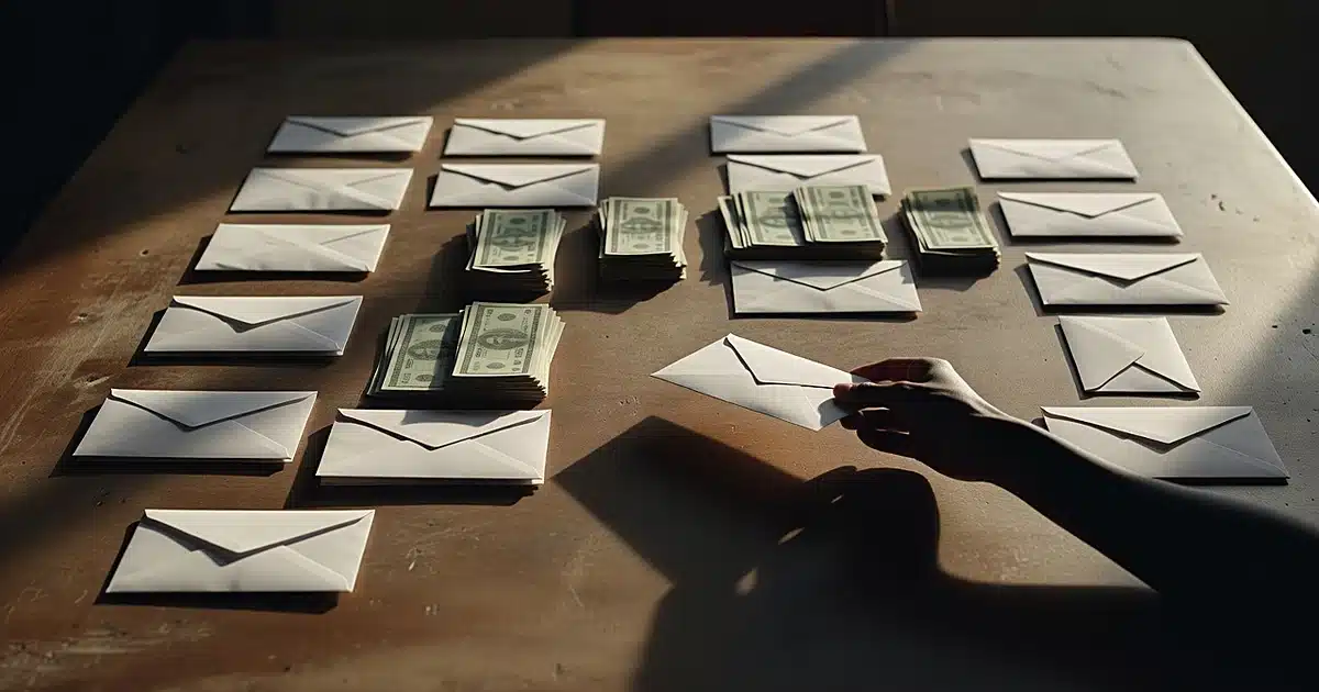 Overhead view of blank envelopes and cash on table with silhouetted hand reaching toward them