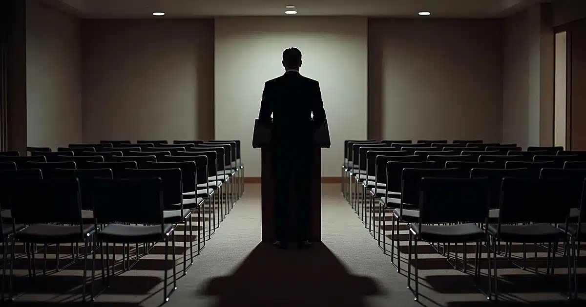 Silhouette at podium facing empty press briefing room chairs
