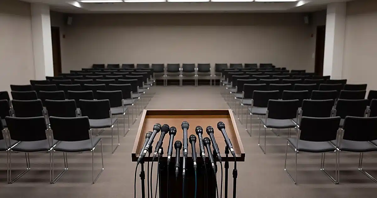 White House press briefing room with empty chairs facing podium and microphones