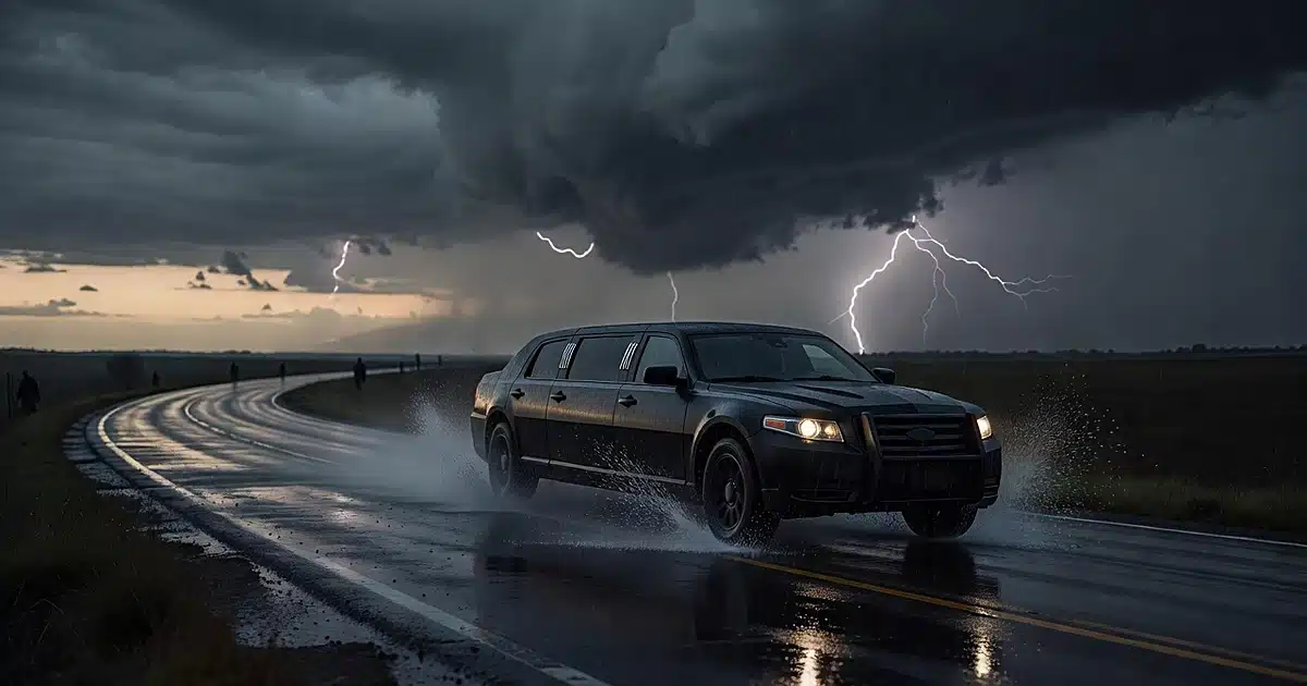 Presidential limousine speeding through stormy weather on a highway at dusk with lightning in dark clouds above