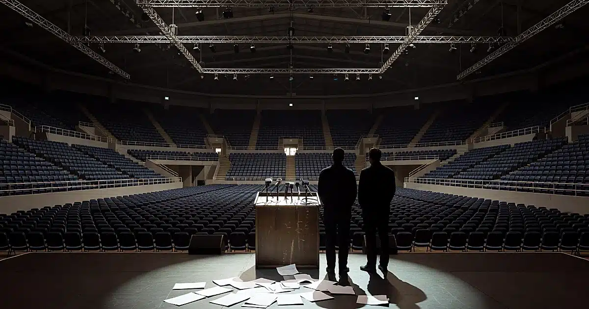 Indoor sports arena with lit stage, podium with microphones, and silhouetted figures addressing empty seating sections