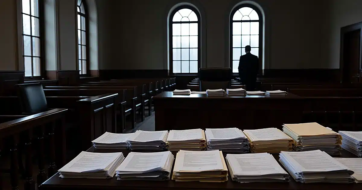 Empty federal courtroom with scattered legal documents on table and silhouetted figure by windows